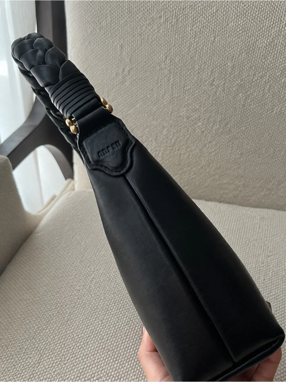 Black Braided-Handle Shoulder Bag with Gold Accents